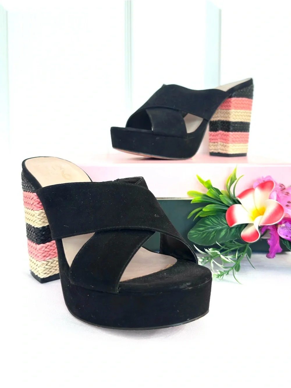 MIX No. 6 ~ Black Suede Platform Mules with Striped Woven Block Heel